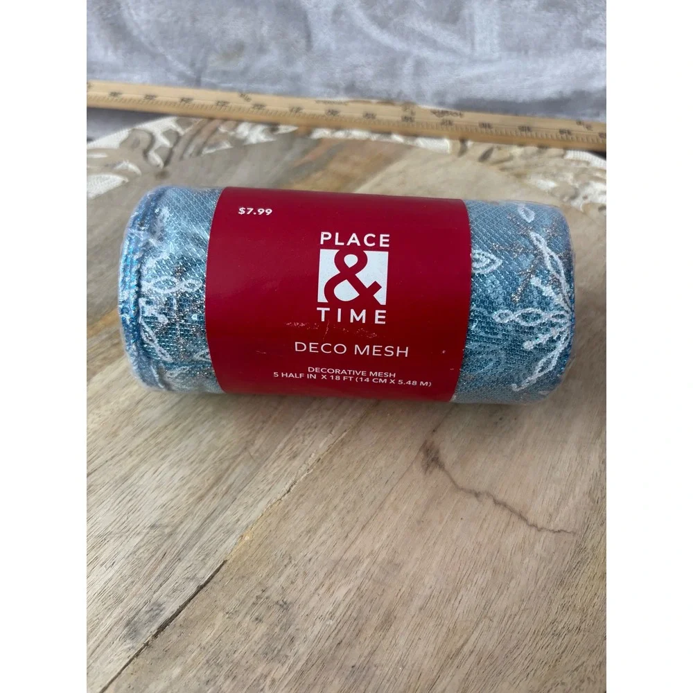 Place & Time Blue Snowflake Deco Mesh 5.5in x 18ft Glitter Holiday Craft Ribbon